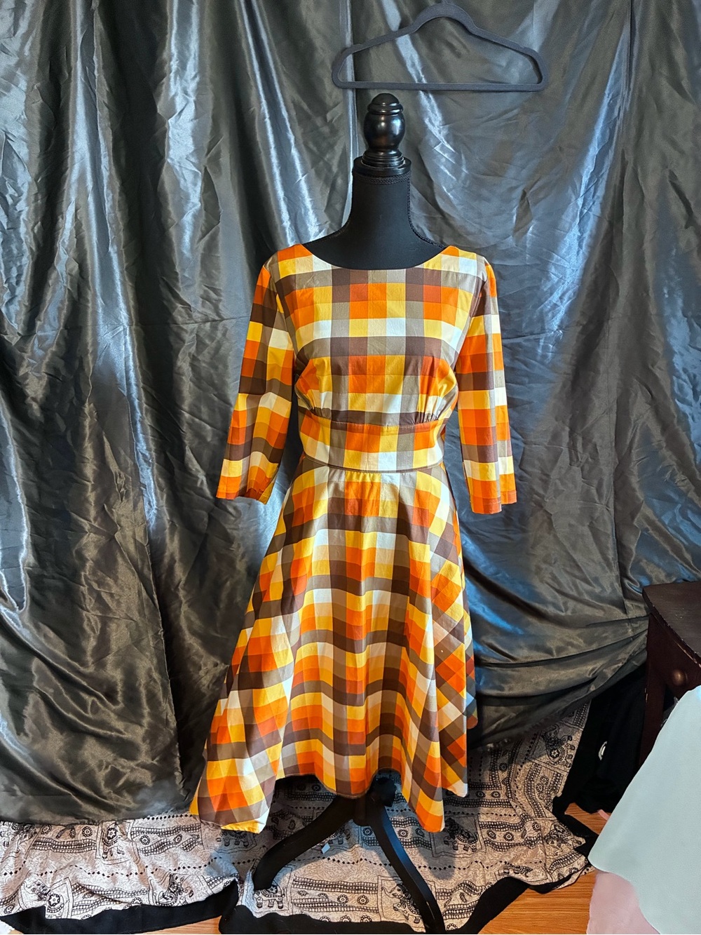 Hell Bunny Orange, White, & Brown Fit And Flare Pinup Autumn Dress Size XL NWT